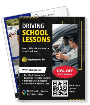 driving school lessons poster promotional flyer with instruction details and discount offer template