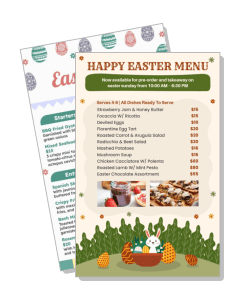 easter themed menu flyer design with illustrations and pricing details template