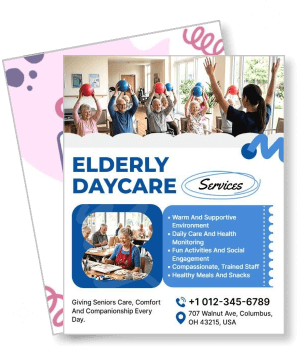 elderly daycare services brochure with senior engagement activities and contact info template