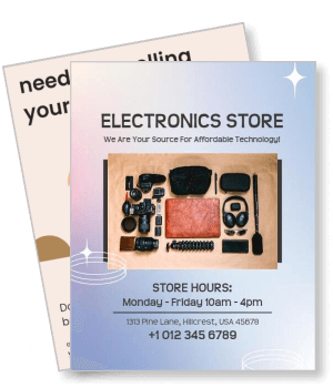 electronics store promotional with store hours and contact details template