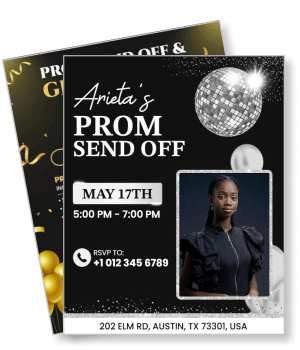 elegant prom send off invitation with personal photo and disco ball design template