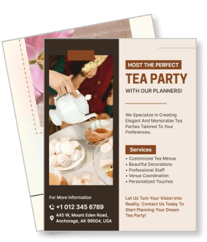 elegant tea party planner advertisement design with services and contact info template