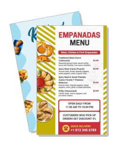 empanadas menu colorful design with discount and delivery info template