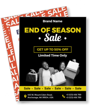 end of season sale with happy customers holding shopping bags template