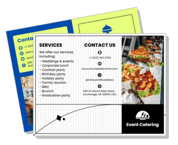 event catering services flyer with contact details and food template