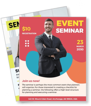 event seminar poster with businessman and registration details template