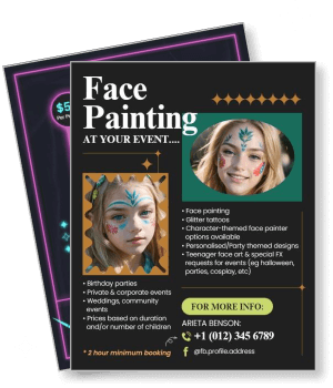 face painting event services poster with contact information and booking details template