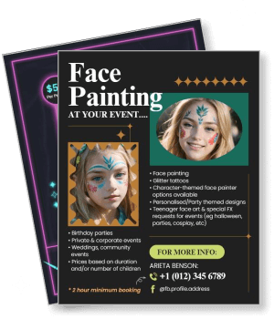 face painting event services with contact information and booking details template