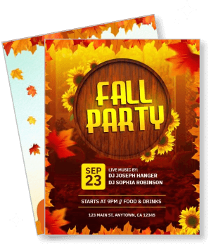 fall party invitation poster with autumn leaves and sunflowers design template