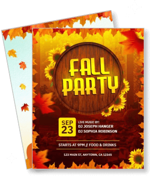 fall party invitation with autumn leaves and sunflowers design template