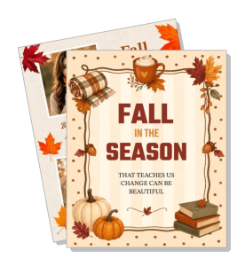 fall season themed quote card autumn leaves pumpkins coffee books template