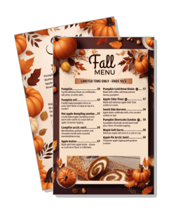 fall themed restaurant menu with pumpkin desserts and autumn leaves template