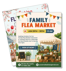 family flea market poster event details with colorful decorative elements template