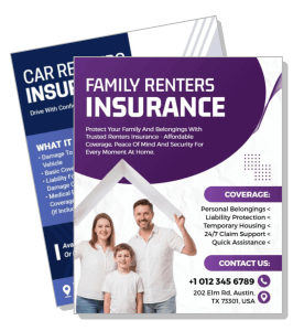 family renters insurance brochure layout with contact details and coverage benefits template