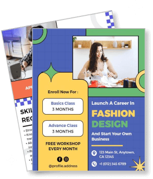 fashion design career class enrollment with workshop details contact info template