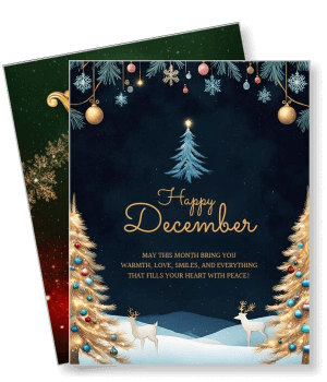 festive happy december greeting card with golden christmas trees and reindeer template
