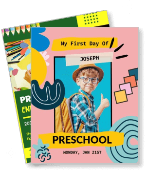 first day of preschool photo card template with boy wearing backpack and glasses