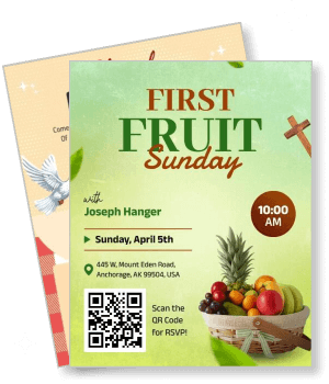 first fruit sunday event with qr code and fruit basket design template