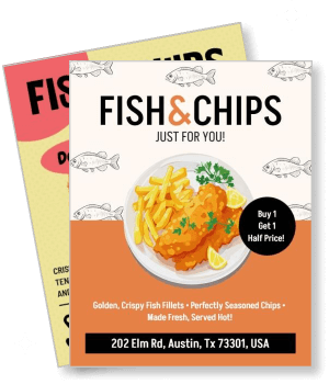 fish and chips special offer poster buy one get one half price template