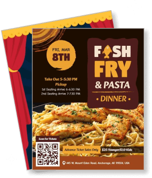 fish fry pasta dinner event poster with takeout option and ticket details template