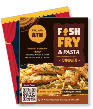 fish fry pasta dinner event with takeout option and ticket details template