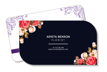 floral business card design with roses and contact information template
