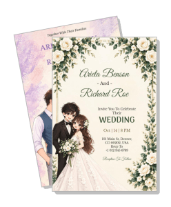 floral wedding invitation card with bride groom illustration template