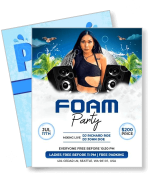 foam party event design with dj details and free entry information template