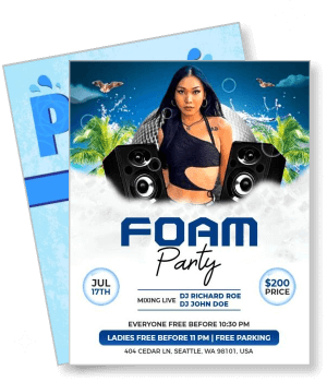 foam party event flyer design with dj details and free entry information template