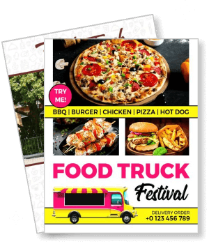food truck festival flyer with pizza burger chicken bbq hot dog options template