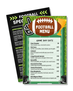 football themed restaurant menu with game day specials and prices template