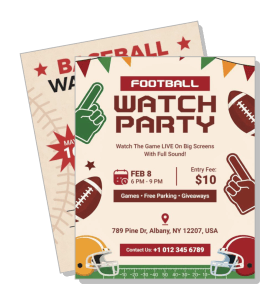 football watch party flyer design with event details and contact info template
