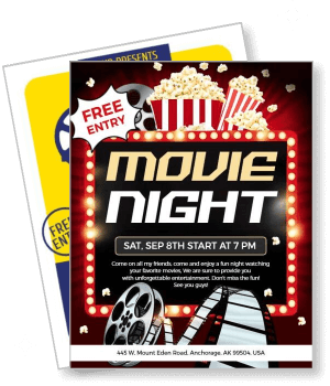 free entry movie night invitation with popcorn and film reels design template