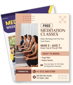 free meditation classes poster with schedule and contact details template