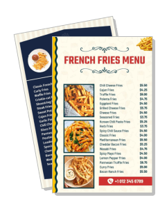 french fries variety menu with different flavors and prices template