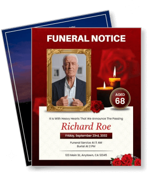 funeral notice template with candles red roses photo frame