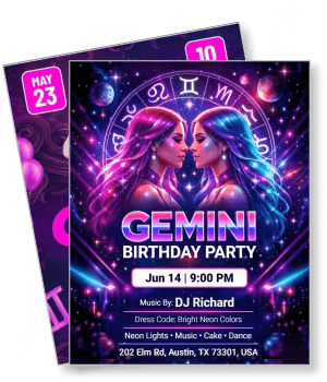 gemini birthday party invitation neon theme dj music event austin tx template