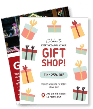 gift shop promotion flyer with discount offer and address details template