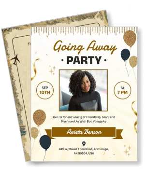 going away party invitation gold balloons sparkles september 10th event details template