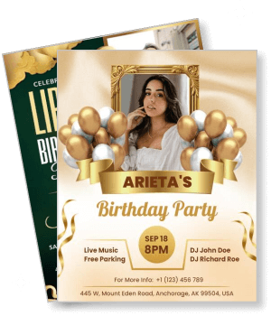 golden theme birthday invitation with balloons party details template