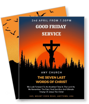 good friday service church event flyer with crucifix and sunset background template