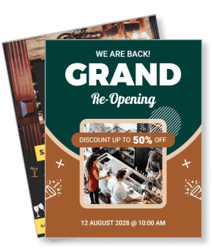 grand reopening event flyer template with discount offer and date time