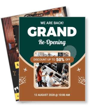 grand reopening event template with discount offer and date time