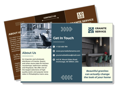 granite service promotional brochure design with contact info and about us template