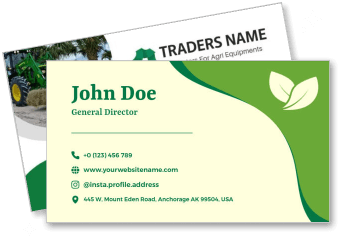 green business card design with contact info and logo for agri equipment traders template
