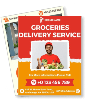groceries delivery service design with contact information and brand logo template