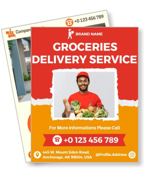 groceries delivery service flyer design with contact information and brand logo template