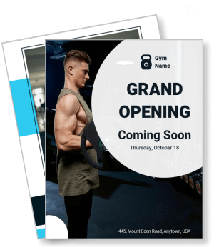 gym grand opening event with bodybuilder and launch date template