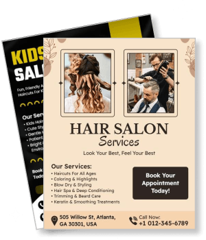 hair salon services flyer brochure layout with contact details and services template