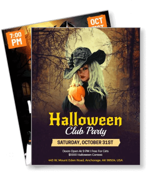 halloween club party flyer with witch holding pumpkin october 31st template